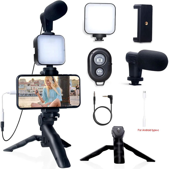 AY-49 Portable Podcast Video Vlogging Making Equipment Universal Kit Tripod Stand for Iphone Phone With Light Mic and Microphone