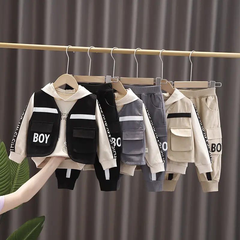 New Spring Letter Hooded+Vest+Pants Boys Sweater Suit Design Sports Trousers Baby Outfit Boy Children's Clothes Set Of 3 Pieces