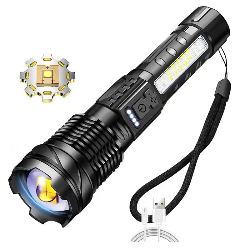 Lampe de poche rechargeable zoomable haute puissance avec affichage de puissance des feux de travail latéraux à LED