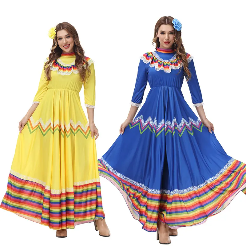 Festival mexicano celebração dança Traje Desgaste Desempenho Bohemian Wide Long Skirt Stage Dress