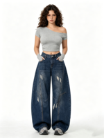Vaqueros Vintage Horseshoe para Mujer, de Cintura Alta, Pierna Curva, Vaqueros Rotos, con Corte 3D, Pantalones Distressed Estilo Barril, Streetwear 2026