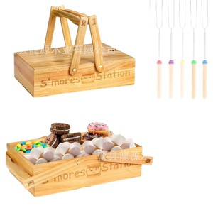 Caja de almacenamiento de aperitivos de madera con tapa y compartimentos, cesta de picnic portátil para exteriores, diseño retráctil, asas plegables - Product Image 2