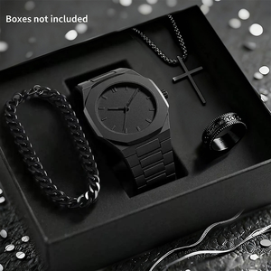 Set Hadiah CS008 Empat Buah Cincin Hitam Gelang Kalung Jam Tangan Muslim Quartz Tanpa Kotak Plastik Aura Jam Tangan Arab untuk Pria - Product Image 4
