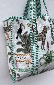 Bolsa de Mano Acolchada de Algodón con Estampado de Bloques, Reutilizable, para el Mercado, Oficina, Uso Casual, Viajes, Bolso de Hombro - Product Image 5