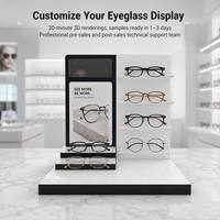 Présentoir à lunettes moderne personnalisé noir et blanc multi-zones en acrylique avec miroir intégré pour essayage et panneau d'affichage interchangeable