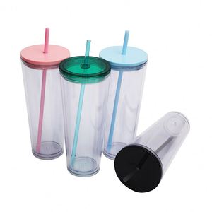 Nouvelle tasse en plastique double couche épaissie, grande capacité, style européen et américain, simple, transparente, avec paille, pour l'extérieur - Product Image 1