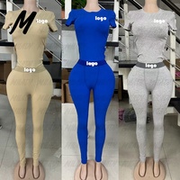 Ensemble deux pièces décontracté en coton côtelé pour femme avec logo personnalisé, comprenant un legging et un haut à manches courtes – Collection Printemps 2025