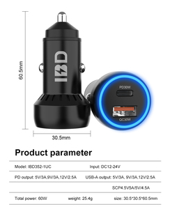 IBD Metal 60W <span class=keywords><strong>2</strong></span> Port PD USB Pengisi Daya Mobil Cepat dengan Lampu LED Biru Tren Terbaru 12V 24V Pengisi Daya Ponsel Mobil untuk iPhone Android Tablet - Product Image 6