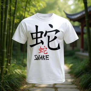 T-shirt blanc unisexe avec calligraphie Kanji du zodiaque chinois du serpent, taille adulte - Product Image 1