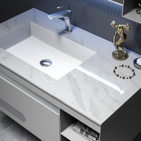 Armoire de salle de bain à miroir LED en verre trempé avec éclairage d'ambiance, design géométrique, rangement ouvert, durable et résistant à l'humidité