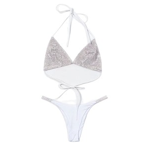 Conjunto de Bikini con Lentejuelas de Brillo Metálico Blanco para Mujer, Top Halter Cruzado, Cintura Baja, Nailon/Algodón de Secado Rápido, Traje de Baño de Dos Piezas para Playa - Product Image 5