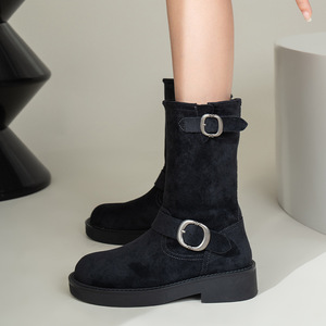 Nuevas Botas de Media Pantorrilla Estilo <span class=keywords><strong>Biker</strong></span> con Hebilla Metálica Retro, Punta Redonda, Aspecto Desgastado, de Microfibra, Impermeables, para Otoño/Invierno - Product Image 4