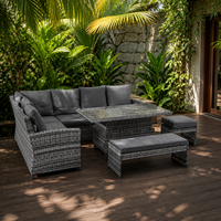 Ensemble de salon de jardin moderne en rotin PE 9 places, canapé modulaire en forme de L avec table en verre pour jardin et terrasse
