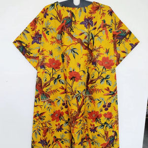 Women Floral Print <b>Kaftan</b> Dress Deep V Neck Short Sleeve Yellow 100% Cotton Summer Resort Wear Bohemian 1-Piece Quick Dry - Product Image 2