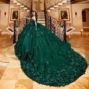 Vestidos De Quinceañera <span class=keywords><strong>Verde</strong></span> <span class=keywords><strong>Esmeralda</strong></span> con Purpurina y Flores 3D para <span class=keywords><strong>Fiesta</strong></span> de 15 Años, Baile Formal, Dulces 16 y Jóvenes MQ621 - Product Image 3