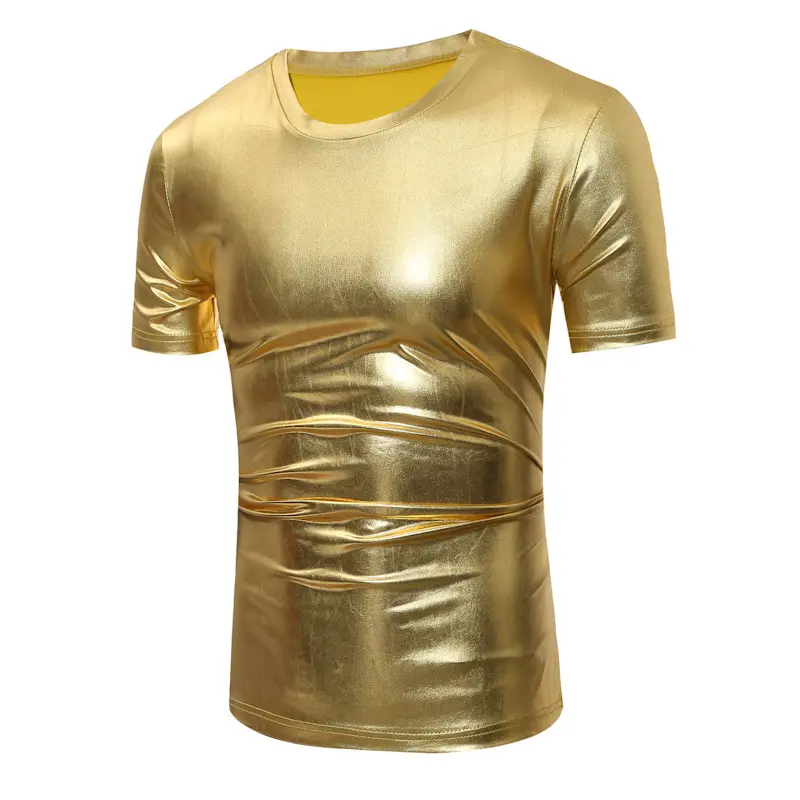 T Shirt untuk Pria, Baju Pria Keren Lapis Emas Metalik Lengan Pendek Kerah O, Kaus Klub Malam Shiny Gold Hip Hop