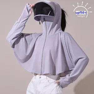 Jaket wanita UPF 50, baju perlindungan matahari berkerudung kinerja luar ruangan dengan saku mendaki