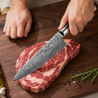 Couteau de cuisine à lame fixe Damas à manche large et incurvé de 8 pouces en résine bleue et bois de burl pour la préparation quotidienne des repas