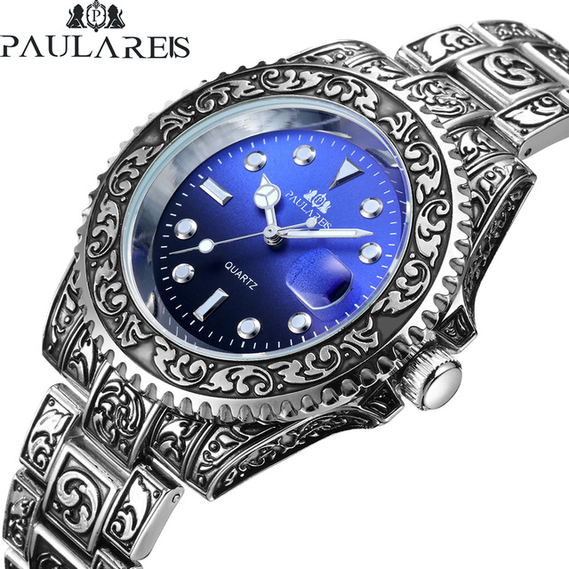 Paulareis Famous Brand Men Carved Antique Vintage Luminous  Classic 2 Tones Red Green Blue Gradient Fashion Classic Quartz Watch