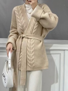 Cárdigan de lana 100% grueso de siete agujas para <span class=keywords><strong>mujer</strong></span> de estilo perezoso suelto sin botones de longitud media personalizado chaqueta de suéter LARGO DE Cachemira - Product Image 3