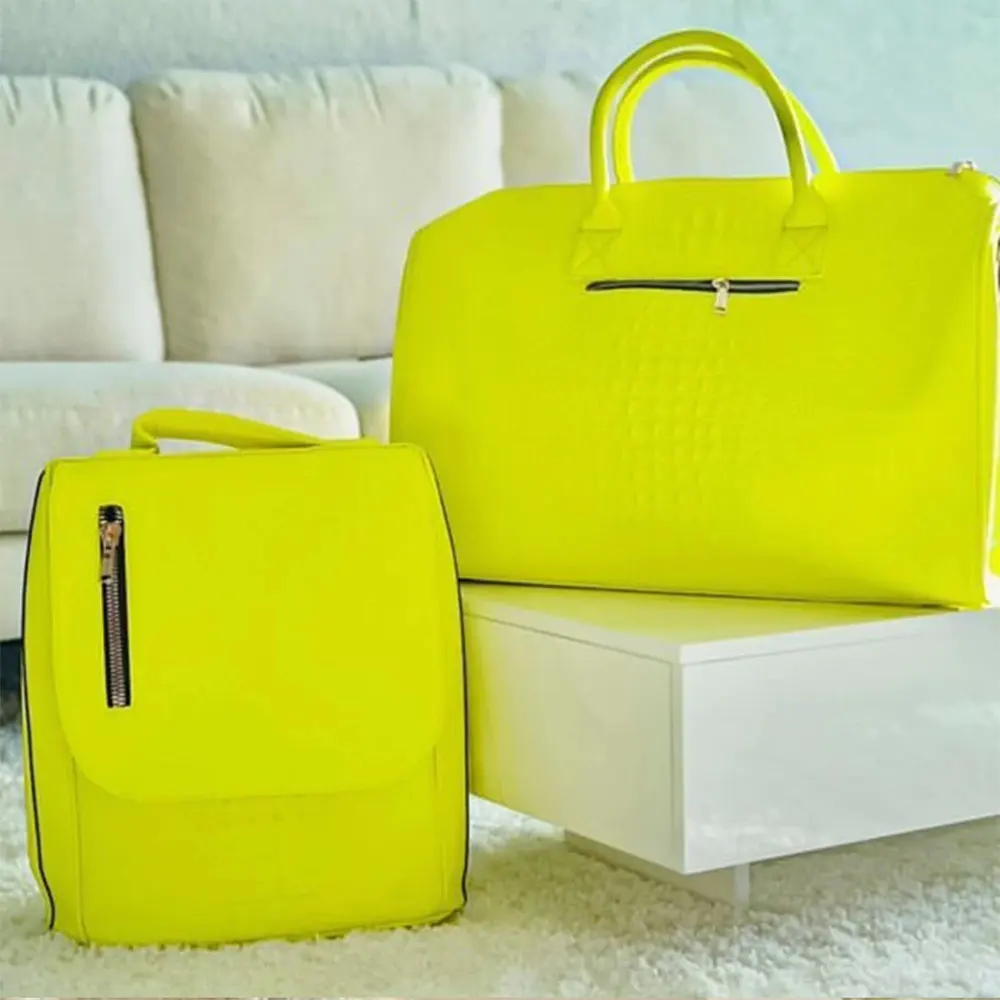 Logotipo personalizado Luxo Croc Couro Neon Amarelo Mulheres Mens Duffle Weekender Saco De Viagem E Mochila Set