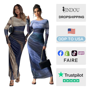 2026 New Fashion Custom <strong>Printed</strong> Women's Casual Long Sleeve Tie-dye Pleated <strong>Dress</strong> Slim Fitting <strong>Bodycon</strong> <strong>Dress</strong> - Product Image 2