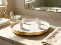 Plateau rond en métal pour bougies avec 4 coupelles à bougies, plateau blanc et bord doré, candélabre décoratif pour table