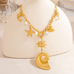 Collier Pendentif Coquillage Plaqué Or Style Européen et Américain, Thème Océan, Breloque Étoile de Mer, Bijou Quotidien - Product Image 3