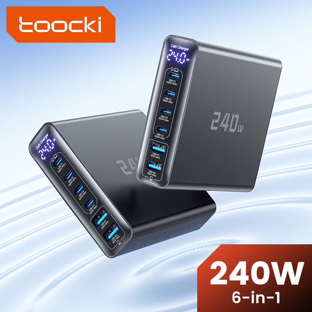 Toocki New 240W GaN 6-in-1 Charger with Digital Display and Multiple Protections for Simultaneous Laptop Tablet Phone Charging