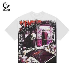 T-shirt en coton épais à manches courtes pour homme, imprimé intégral motif squelette graphique streetwear surdimensionné personnalisé - Product Image 3