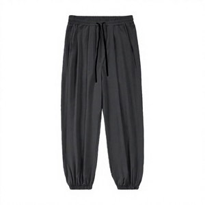 Pantalones Harem Negros para Hombre, Cintura Elástica con Cordón, Corte Holgado Informal, Ligeros, Transpirables, Tejidos, Deportivos, Largos - Product Image 4