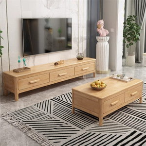 Nordic Solid Wood Tv Cabinet And Coffee <b>Table</b> Combination Storage Living Room Set Natural Wood Color White Walnut - Product Image 2