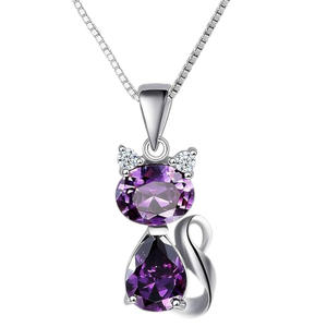 Kalung liontin kucing Zirconia kubik ungu hewan lucu mode perhiasan baja tahan karat tahan air untuk wanita anak perempuan - Product Image 1