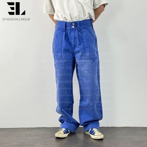 LARSUR Custom Factory Sun Faded Duck Canvas Chore French Blue Utility Fatigue Work Pants Straight Tactical French Work <strong>Trousers</strong> - Product Image 3