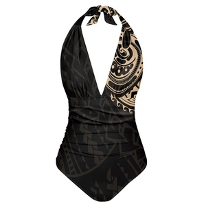 Traje de baño de una pieza con patrón tribal polinesio Hawaiano Bikini estampado personalizado Control de barriga Halter cuello en V trajes de baño - Product Image 1