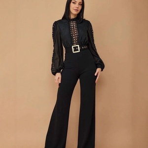 AJ4491 Fornitura Transfrontaliera <span class=keywords><strong>di</strong></span> Abbigliamento Femminile Europeo e Americano, Elegante Tuta con Pantaloni a Gamba Larga Personalizzata con Inserti in <span class=keywords><strong>Pizzo</strong></span> e Lacci - Product Image 3