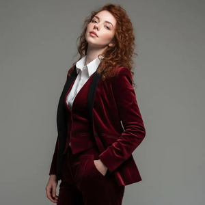 Ensemble de costume trois pièces en velours bordeaux de luxe pour homme – Veste de blazer formelle sur mesure avec gilet assorti et pantalon coupe ajustée - Product Image 1