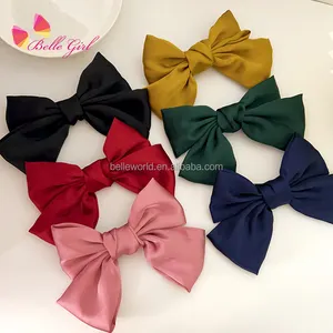 BELLEWORLD Hot selling large bow metal spring clips black beige satin hair bows clips for women girls