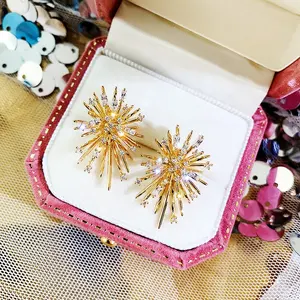 Kaimei S925 silver needle European and American exaggerated earrings fashion firework irregular stud gold rhinestone earrings