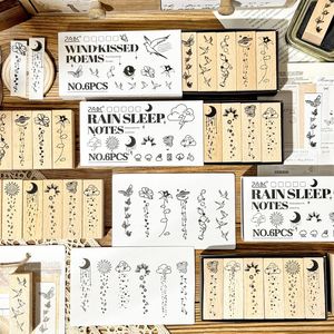 Set di 6 Timbri in Legno con Motivi Meteo e Natura, Luna, Sole, Rondine, Fiori, Timbri Decorativi per Diari e Scrapbooking - Product Image 1