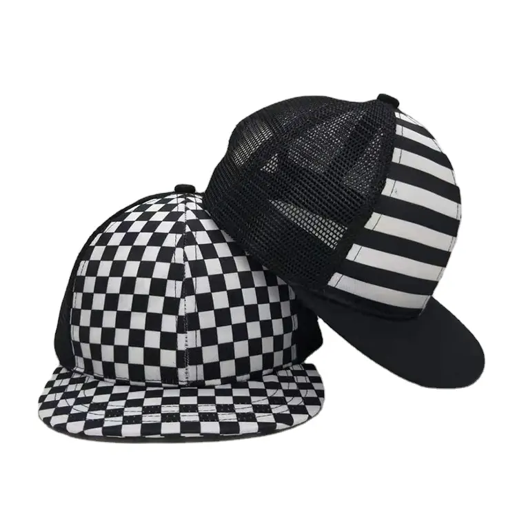 Custom Black White Plaid Checked Print Kids Infant Toddler Hats Caps Children Snap back Mesh Trucker Hat Cap