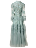Robe longue de soirée grande taille 2025 automne robe longue de dame à paillettes perles broderie fleur à manches longues robe bleu abricot