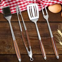 Ensemble de 4 accessoires de barbecue extra longs en acier inoxydable avec manche en bois, robustes, pour le camping en plein air, la cuisine en plein air et le barbecue