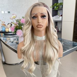 Perruque longue blonde ombrée en dentelle, perruques synthétiques faites à la main pour femmes, taille moyenne avec frange - Product Image 5