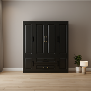 Armario Moderno Negro de 4 Puertas y 2 Cajones con Tiradores Dorados, Diseño de Panel Elevado, Mueble de Almacenamiento para Dormitorio, Madera MDF, Independiente - Product Image 2