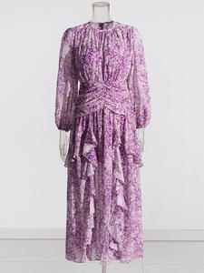 LE2641 2024 Outono Chiffon Plissado Maxi Vestido Mulher Lotus Leaf Lace Splicing Cintura Alta Fairy Saia Vestidos de noite elegantes - Product Image 5