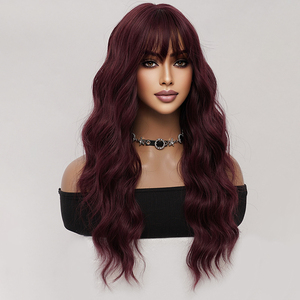 <span class=keywords><strong>Parrucca</strong></span> Lunga Ondulata Rosso Scuro con Frangia per Donne, in Fibra di Seta Resistente al Calore, Realizzata a Macchina, per Uso Quotidiano, Stile Lolita, 26 Pollici - Product Image 4