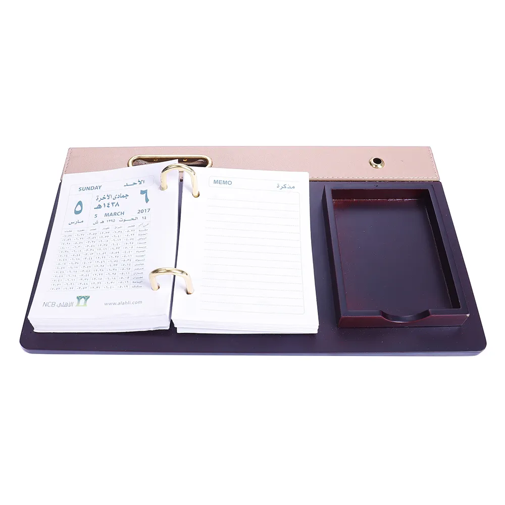 new design big size brown wooden leather calendar for office