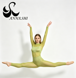 Justaucorps de danse pour femme adulte, vert matcha, entièrement en maille, à manches longues, avec découpe carrée au dos, pour entraînement et scène - Product Image 1