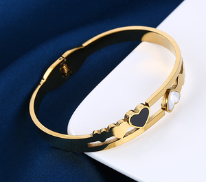 <b>Rose</b> Gold PVD Plated Stainless Steel Cuff Bangle with <b>Black</b> Heart Design for Women | Hypoallergenic, Waterproof & Non-Fading - Product Image 6
